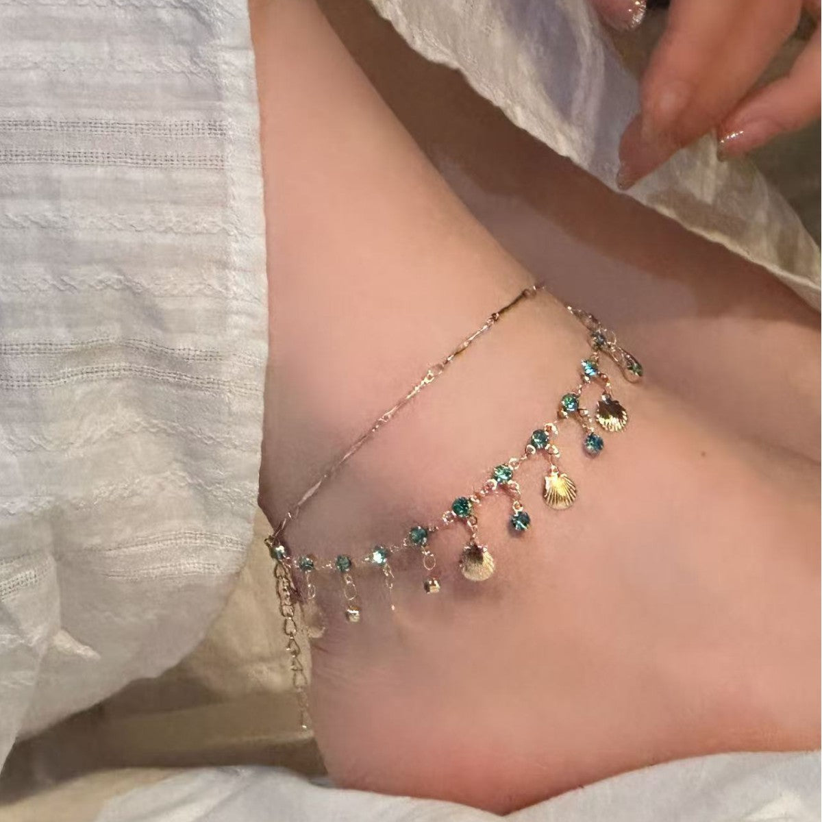 Blue Love Double-layer Shells anklets